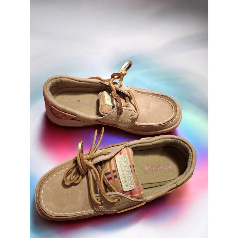Sperry Boat Shoes Kids Tan Pink EUC Plaid Accent Leather Loafers